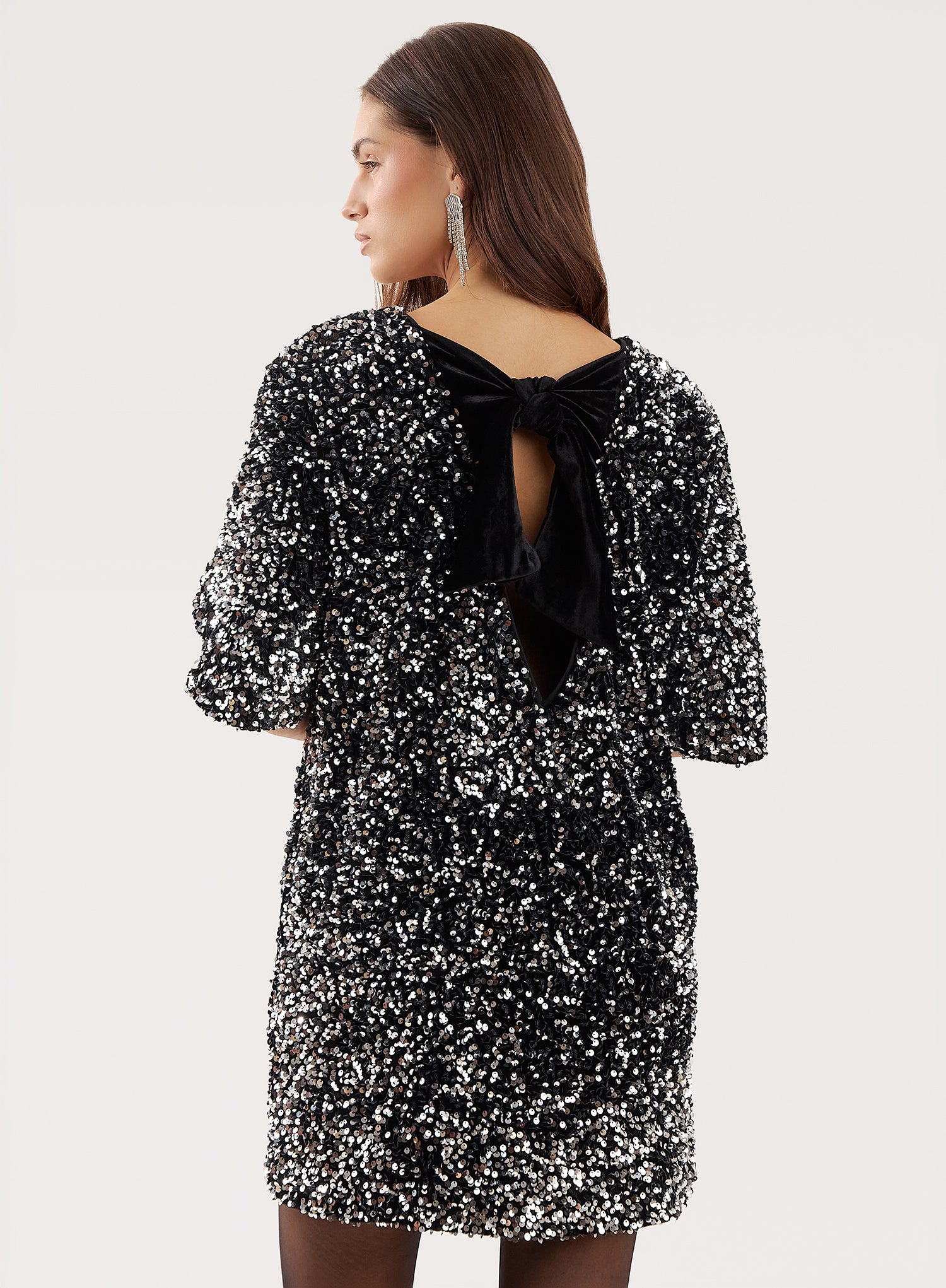 Black Sequin Bow Tie Back Mini Dress